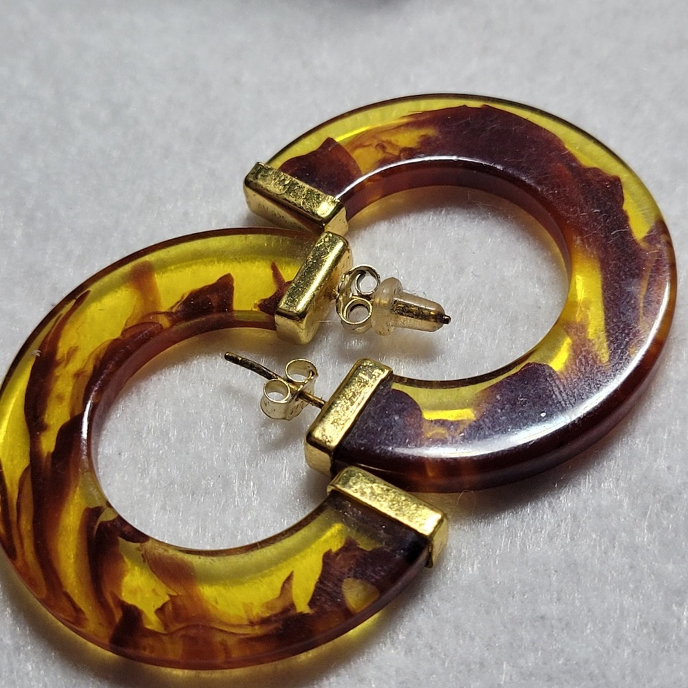 925 Vermeil Resin Hoop Earrings Tortoiseshell Amber-Color Modernist Statement